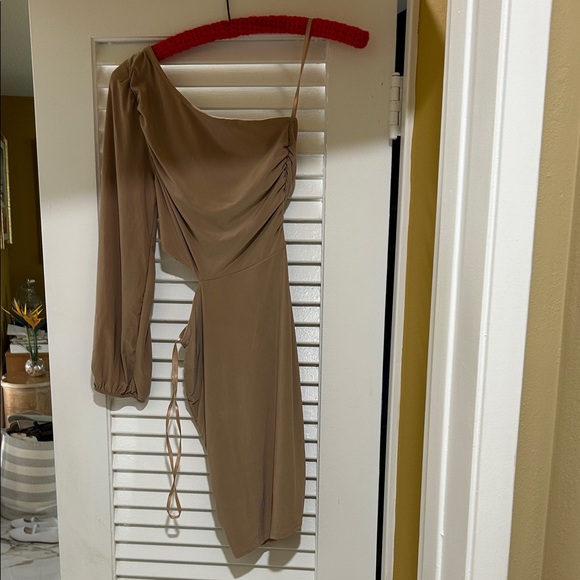Elegant One-Shoulder Tan Dress - Picture 1 of 5